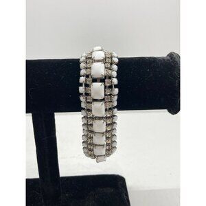 Vintage Milk Glass Rhinestone Bracelet With Silver-Tone Metal & Secure Clasp